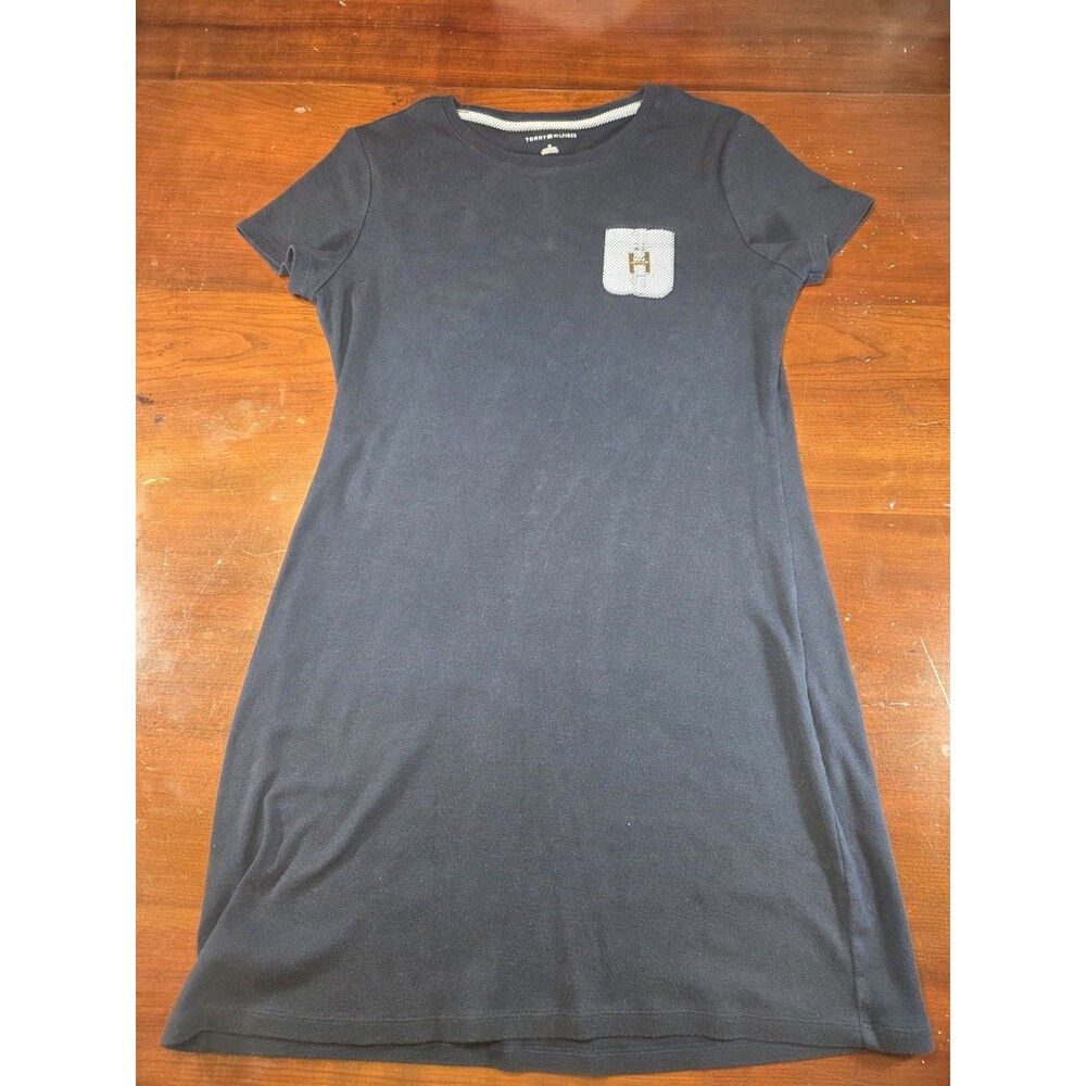 Tommy Hilfiger T-Shirt Dress Womens M Navy Blue Short Sleeve Gold Logo preppy